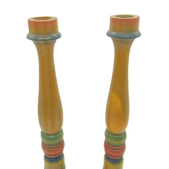 Vintage 80s Wooden Striped Hand-Turned Candle Holders Set Of 2 - Picture 4 of 9